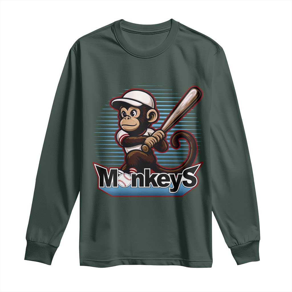 Funny Chimpanzee Swinging Bat Baseball Long Sleeve Shirt Sport Humor Gift TS12 Dark Forest Green Print Your Wear
