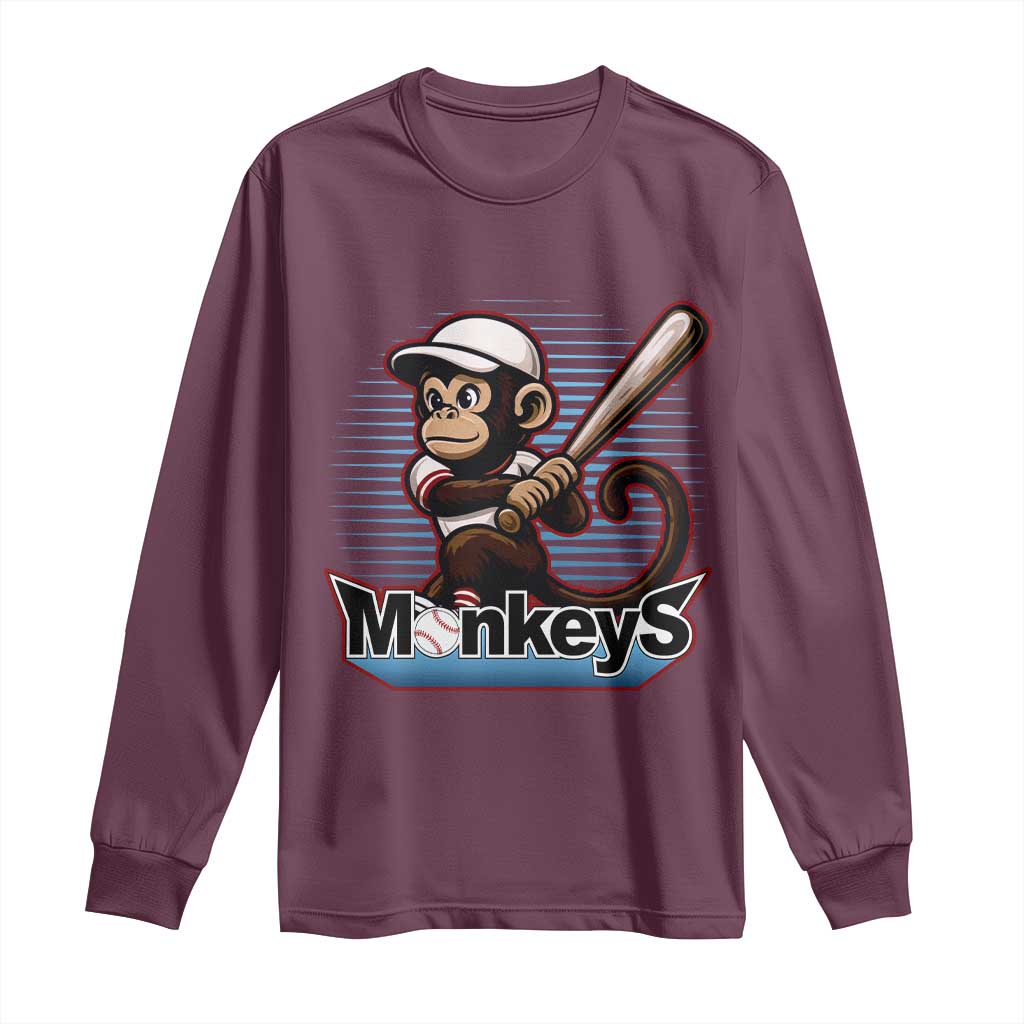 Funny Chimpanzee Swinging Bat Baseball Long Sleeve Shirt Sport Humor Gift TS12 Maroon Print Your Wear