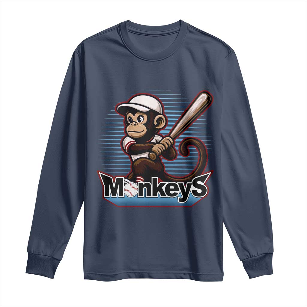 Funny Chimpanzee Swinging Bat Baseball Long Sleeve Shirt Sport Humor Gift TS12 Navy Print Your Wear