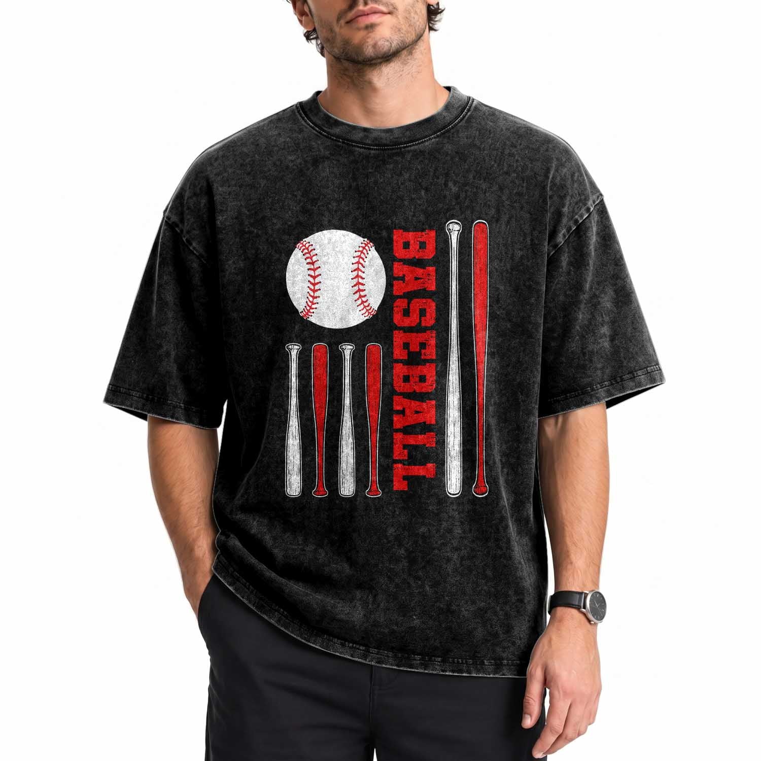 Patriotic Baseball American Flag Washed Cotton T-Shirt Sports Lover Gift