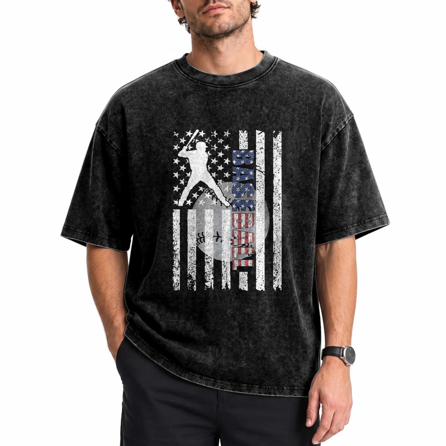 Patriotic Baseball Lover Washed Cotton T-Shirt USA American Flag Gift