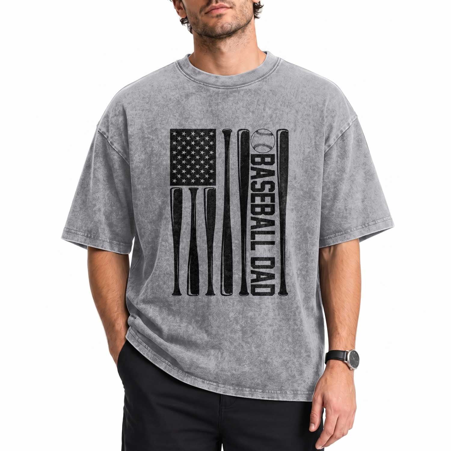 Baseball Dad Patriotic Washed Cotton T-Shirt USA American Flag Gift