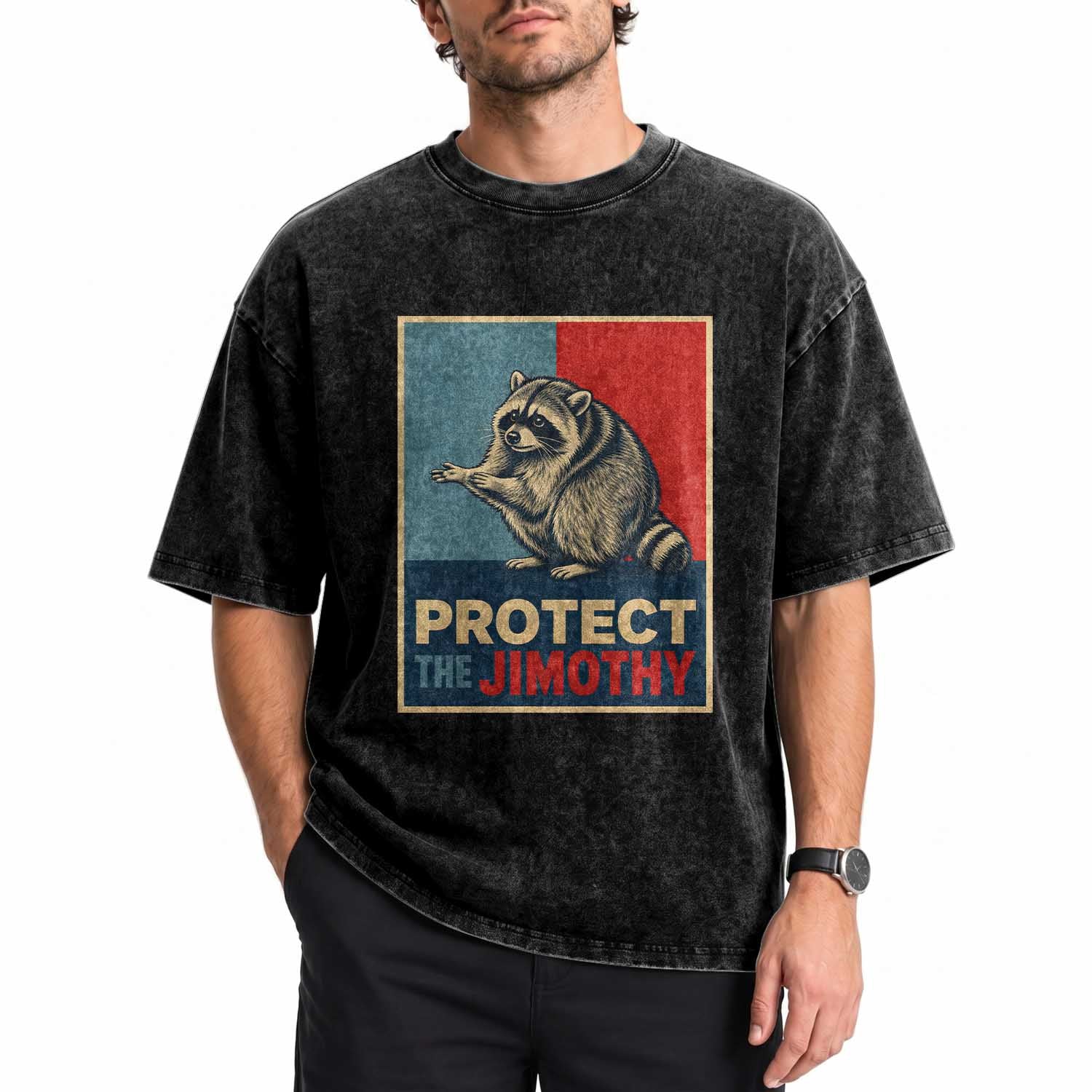 Protect The Jimothy Washed Cotton T-Shirt Funny Retro Trash Panda Animal Lover Meme