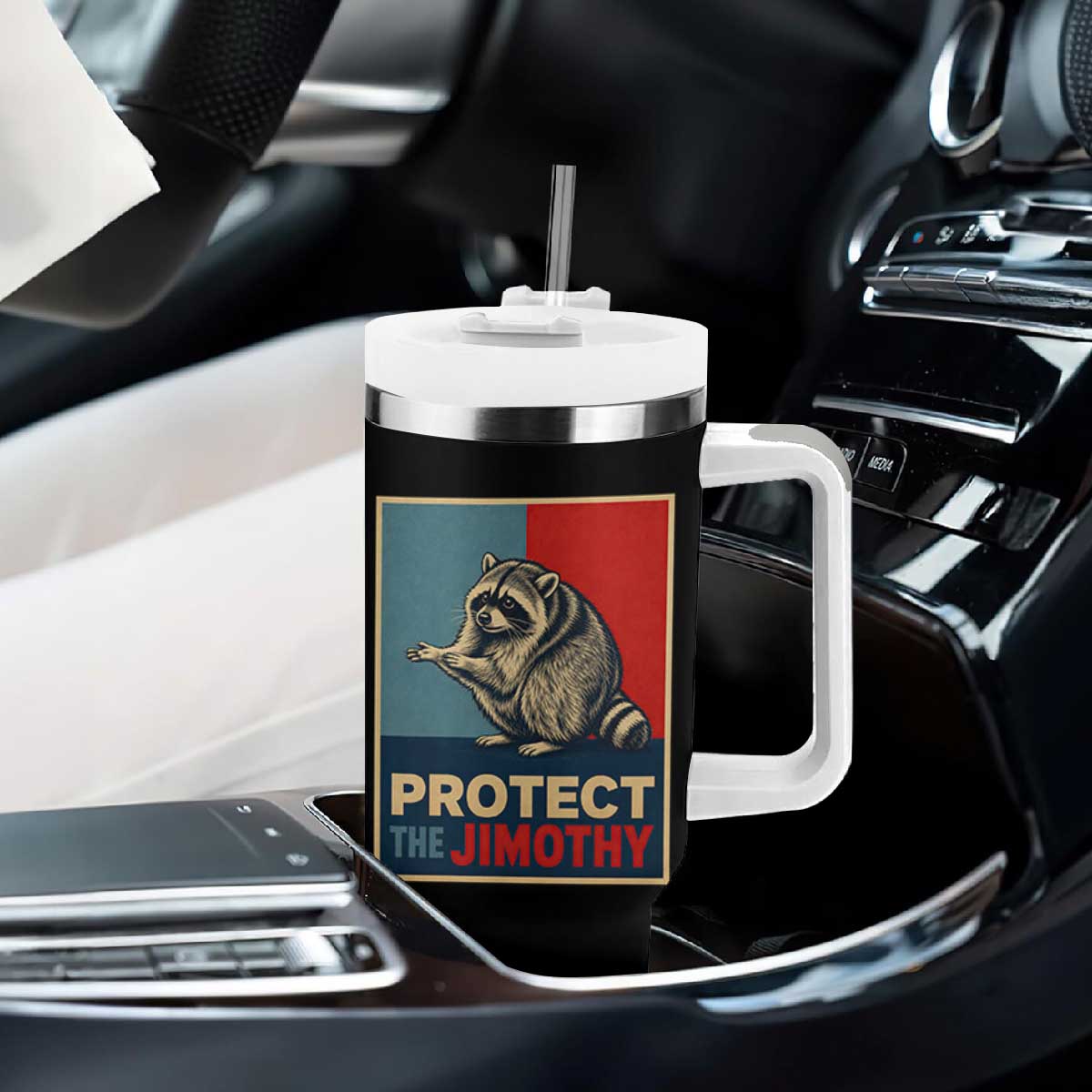 Protect The Jimothy Tumbler With Handle Funny Retro Trash Panda Animal Lover Meme TS12 Print Your Wear
