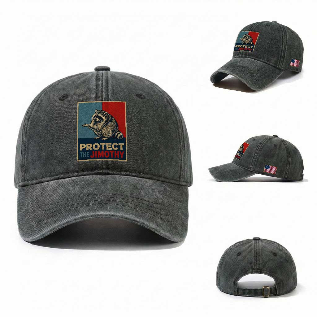 Protect The Jimothy Washed Cotton Baseball Cap Funny Retro Trash Panda Animal Lover Meme TS12 Washed Cap Universal Fit Dark Green Print Your Wear