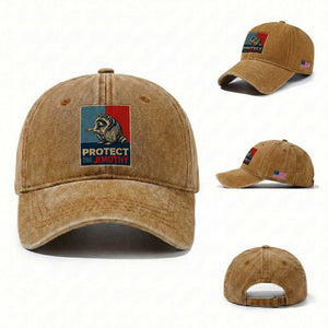 Protect The Jimothy Washed Cotton Baseball Cap Funny Retro Trash Panda Animal Lover Meme TS12 Washed Cap Universal Fit Yellow Ochre Print Your Wear