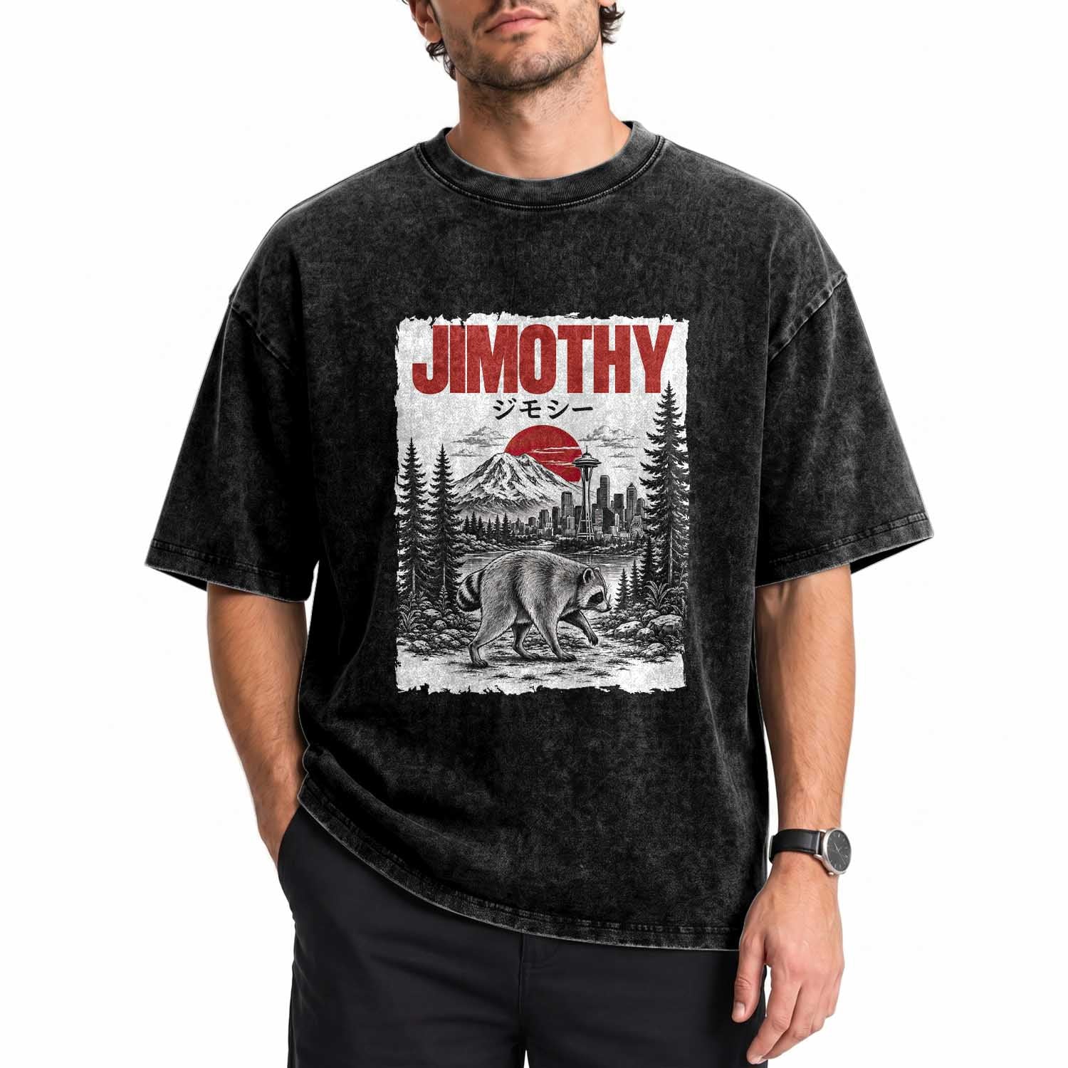 Jimothy The Raccoon Washed Cotton T-Shirt Seattle Skyline Mount Rainier Japanese Retro Vintage Art