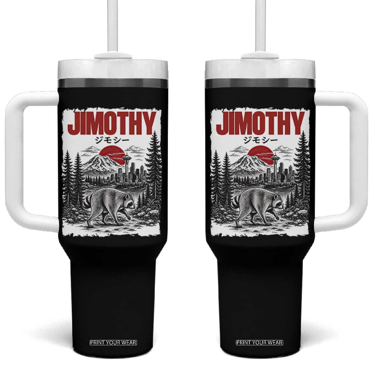 Jimothy The Raccoon Tumbler With Handle Seattle Skyline Mount Rainier Japanese Retro Vintage Art TS12 One Size: 40 oz Black Print Your Wear