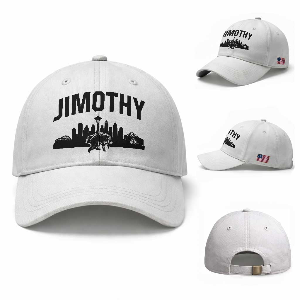 Jimothy The Raccoon Baseball Cap Seattle Space Needle Mount Rainier Landscape Art TS12 Baseball Cap Universal Fit White Print Your Wear