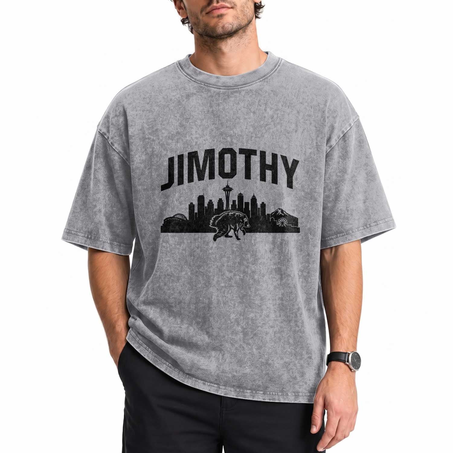 Jimothy The Raccoon Washed Cotton T-Shirt Seattle Space Needle Mount Rainier Landscape Art