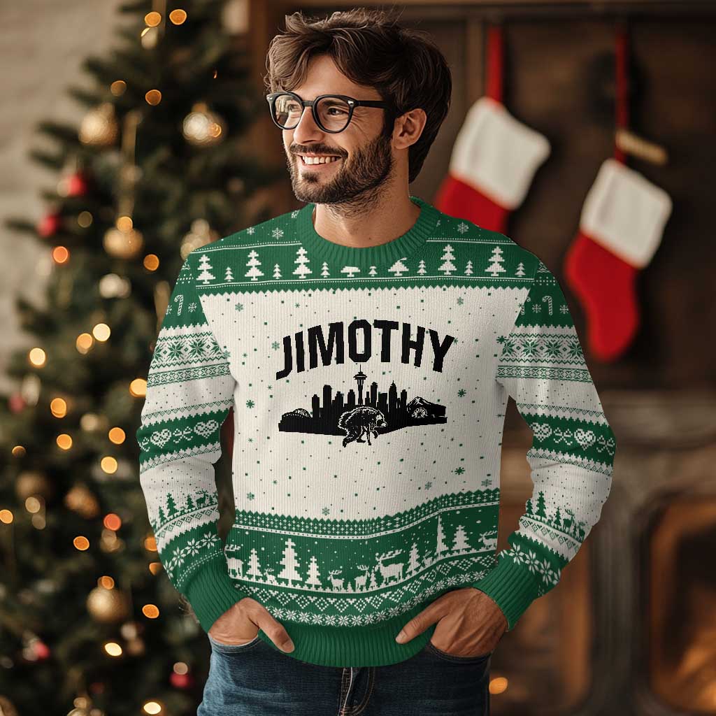 Jimothy The Raccoon Ugly Christmas Sweater Seattle Space Needle Mount Rainier Landscape Art TS12 Beige Green Print Your Wear