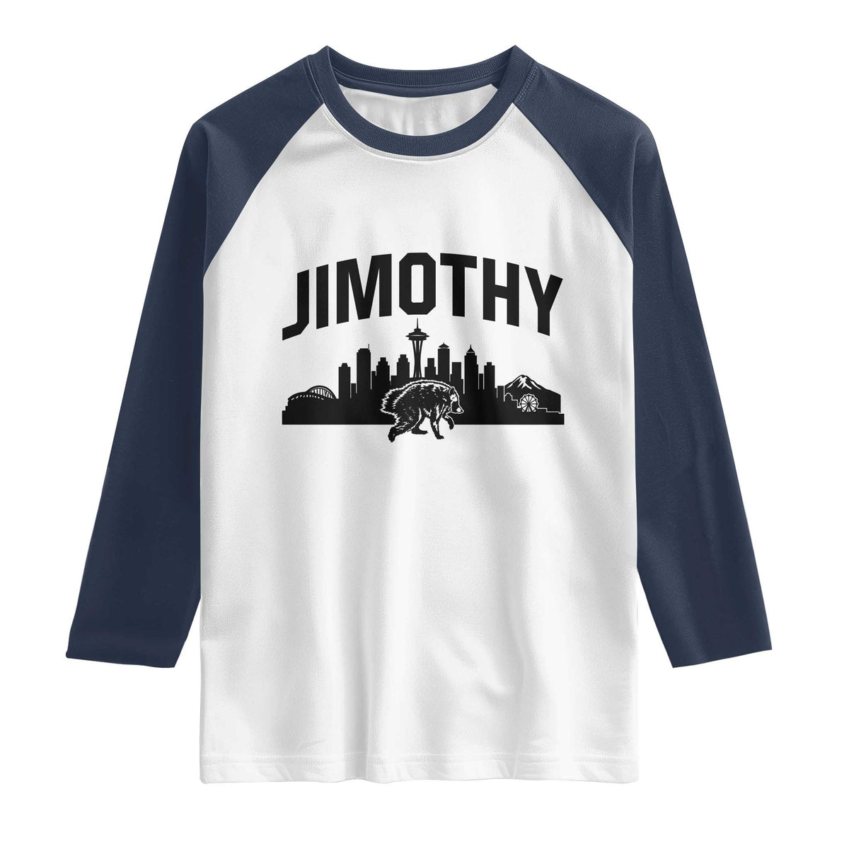 Jimothy The Raccoon Raglan Shirt Seattle Space Needle Mount Rainier Landscape Art TS12 White Navy Print Your Wear
