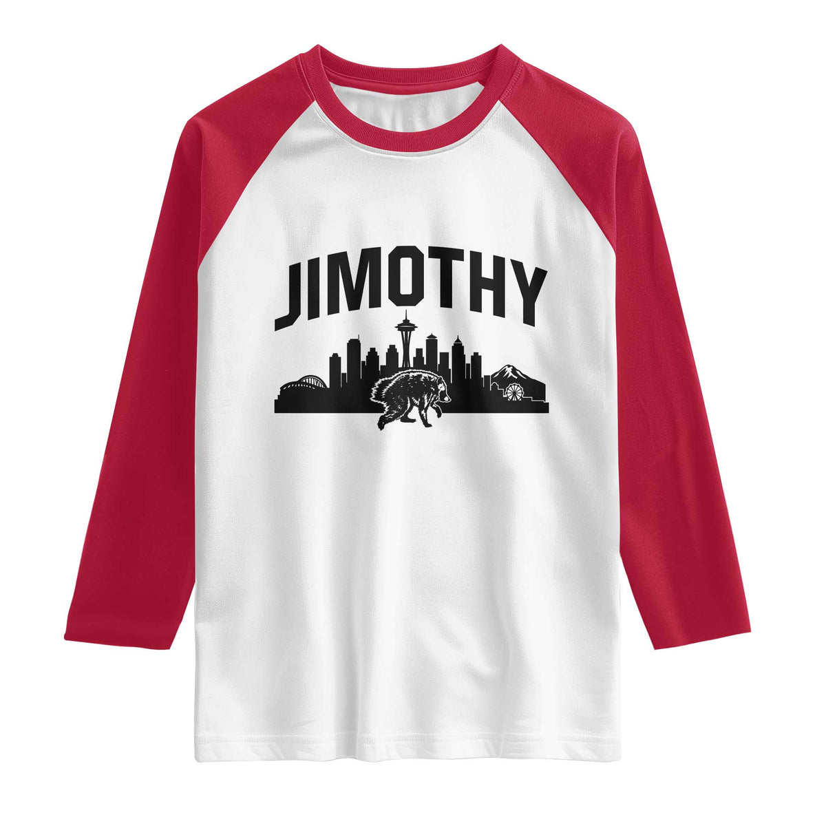 Jimothy The Raccoon Raglan Shirt Seattle Space Needle Mount Rainier Landscape Art TS12 White Red Print Your Wear