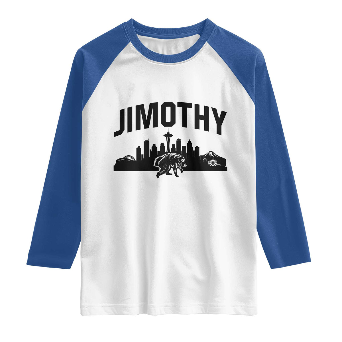 Jimothy The Raccoon Raglan Shirt Seattle Space Needle Mount Rainier Landscape Art TS12 White Royal Print Your Wear