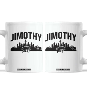 Jimothy The Raccoon Coffee Mug Seattle Space Needle Mount Rainier Landscape Art TS12 White Print Your Wear