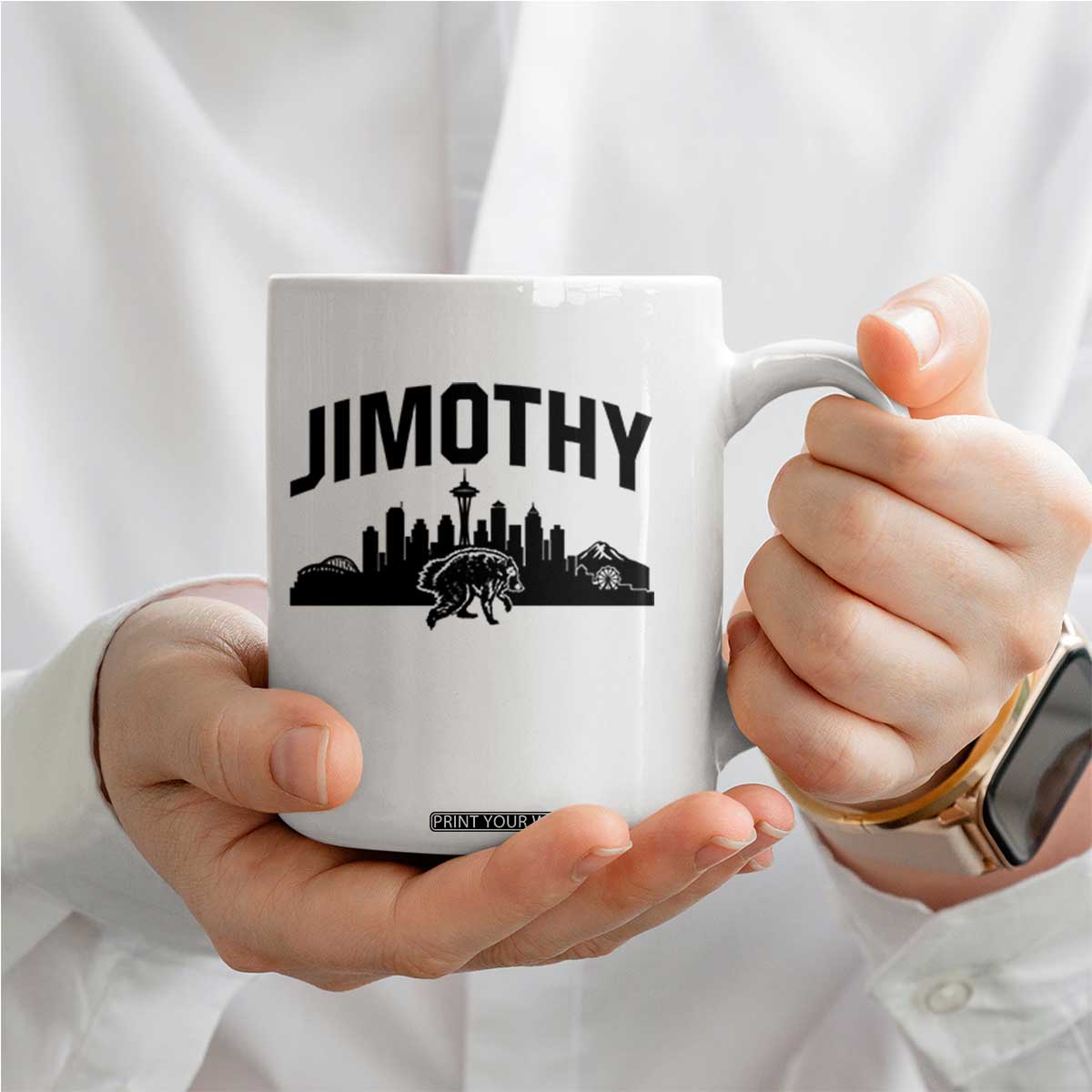 Jimothy The Raccoon Coffee Mug Seattle Space Needle Mount Rainier Landscape Art TS12 Print Your Wear