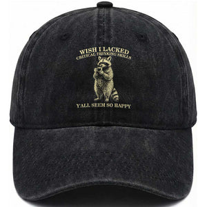 Funny Raccoon Coffee Drinker Washed Cotton Baseball Cap Wish I Lacked Critical Thinking Skills TS12 Print Your Wear