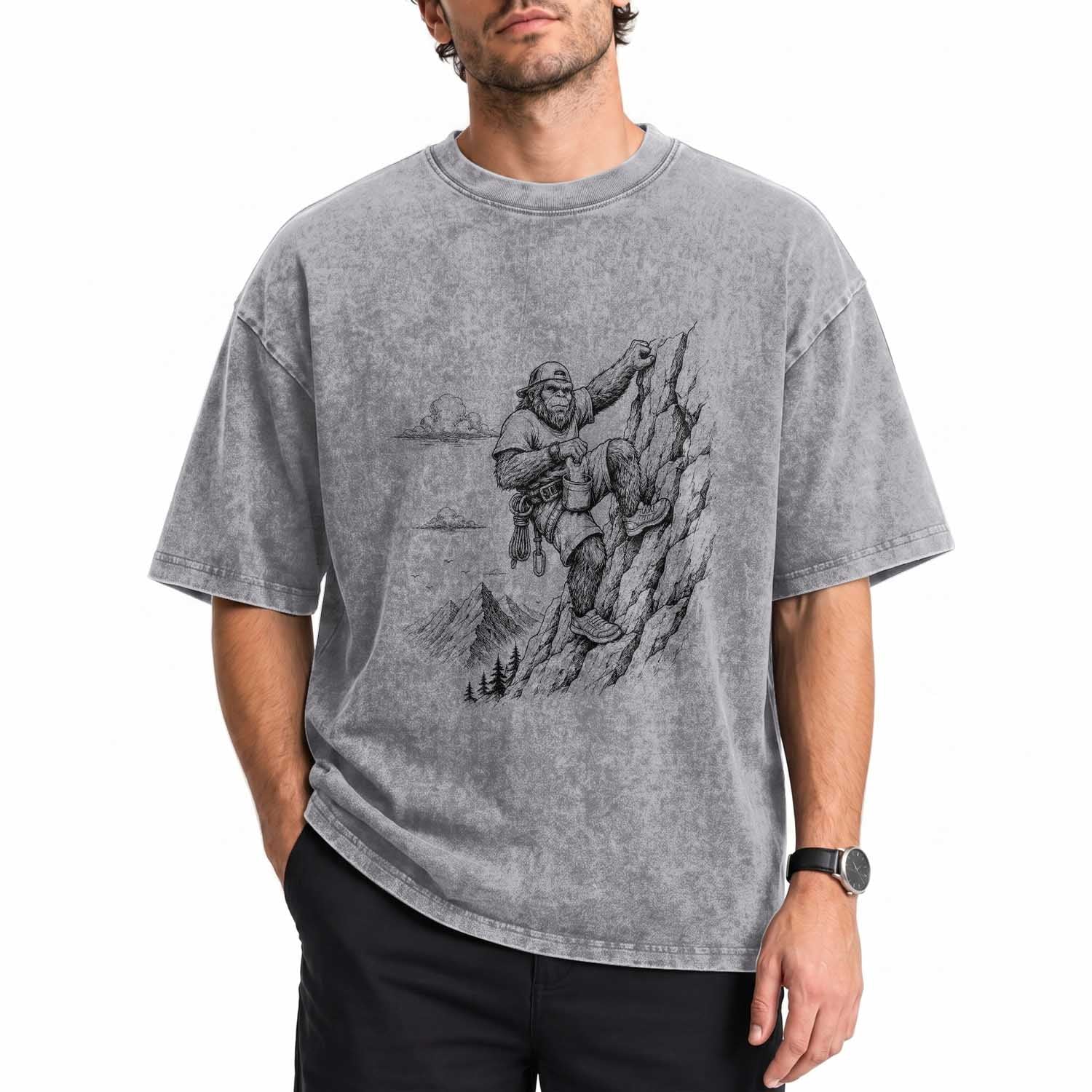 Funny Bigfoot Mountain Climber Washed Cotton T-Shirt Outdoor Hiking Adventure