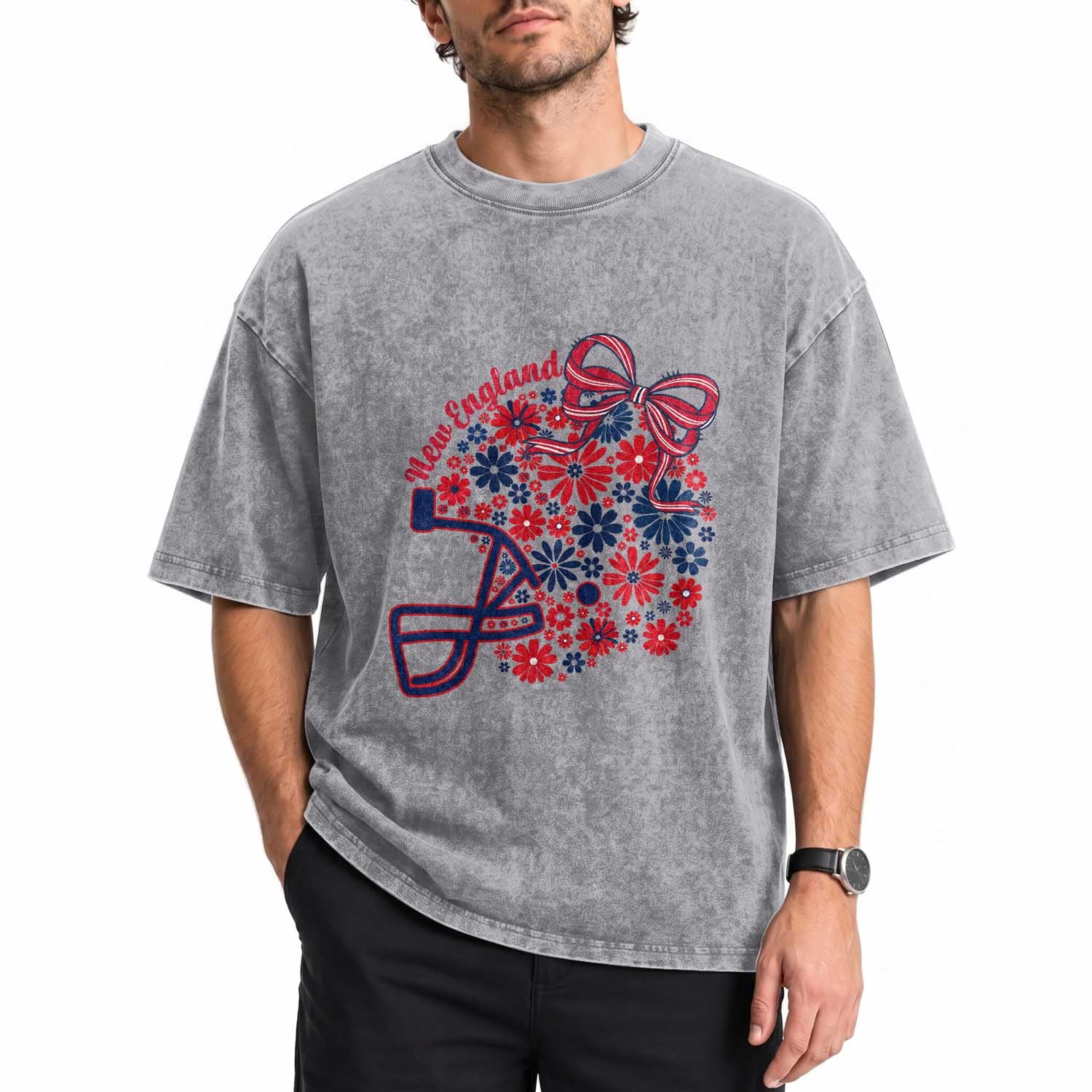 New England Game Day Sports Fan Washed Cotton T-Shirt Floral Football Helmet With Bow