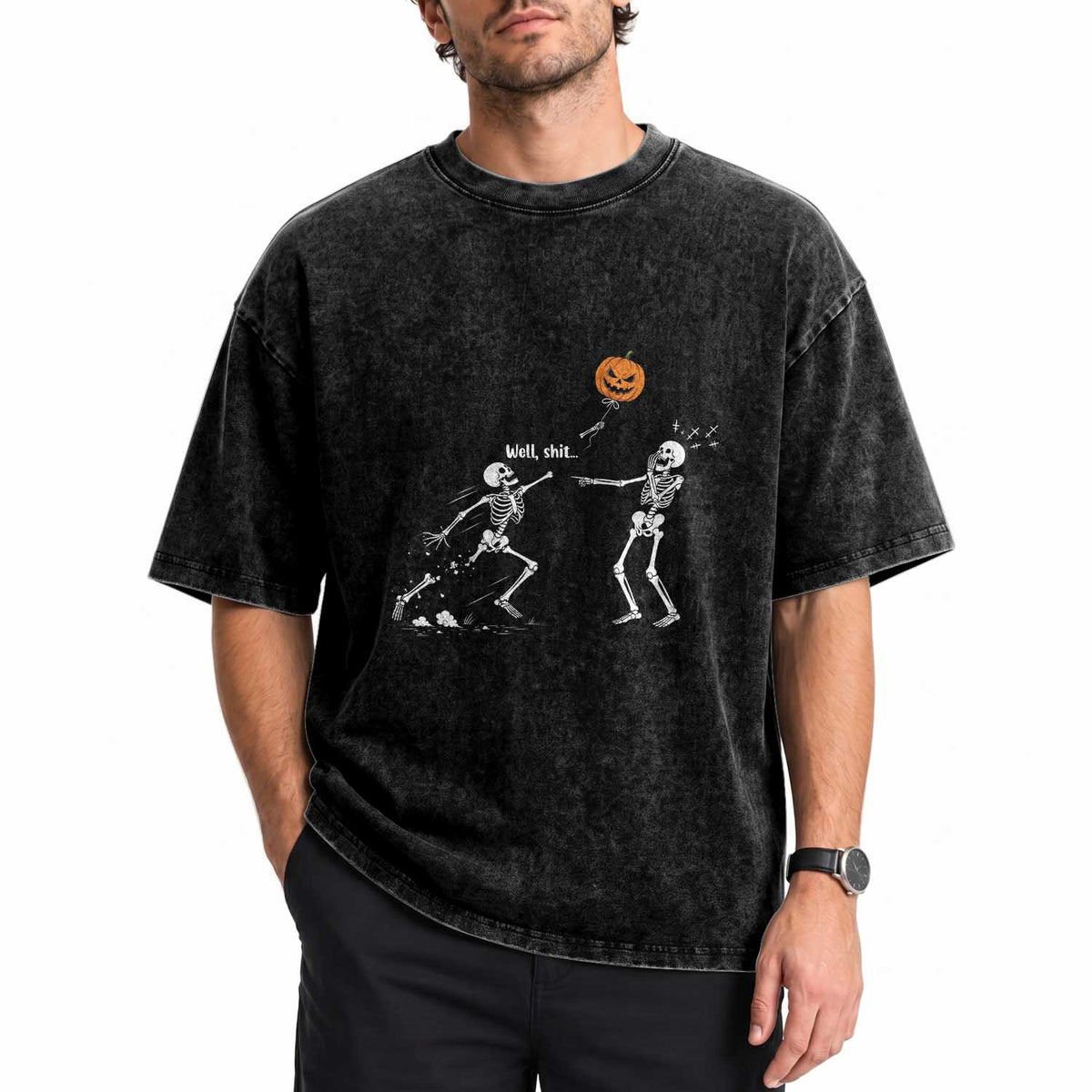 Funny Halloween Skeleton Lost Pumpkin Balloon Meme Washed Cotton T-Shirt
