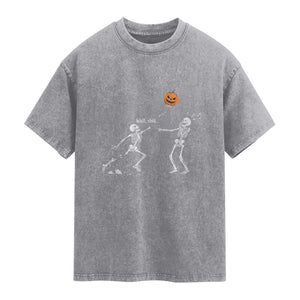 Funny Halloween Skeleton Lost Pumpkin Balloon Meme Washed Cotton T-Shirt