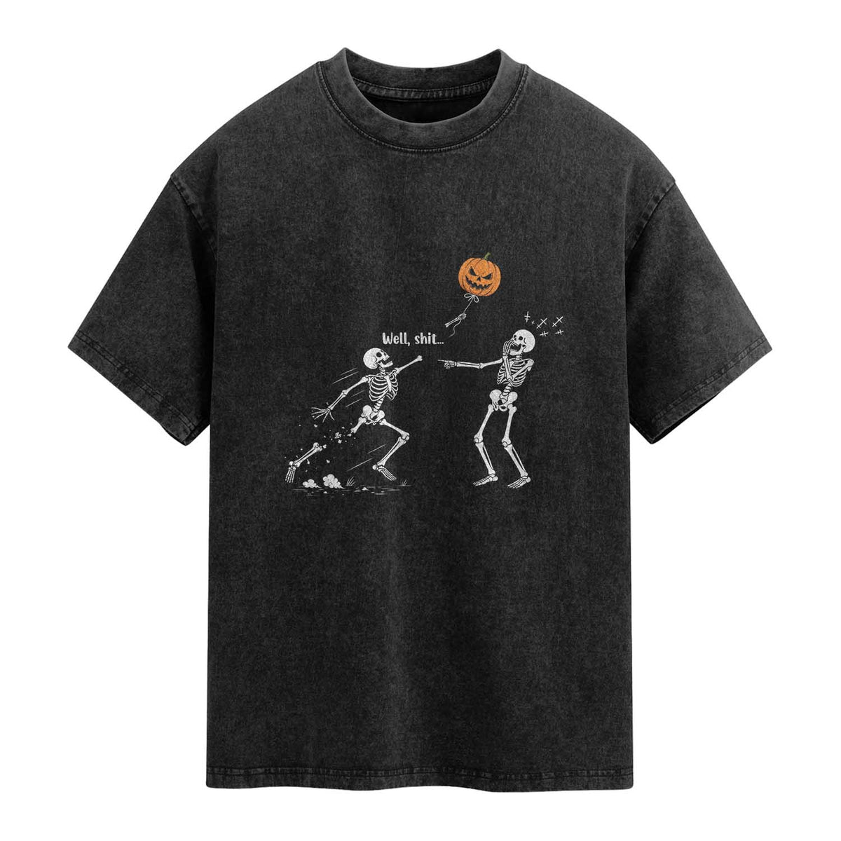 Funny Halloween Skeleton Lost Pumpkin Balloon Meme Washed Cotton T-Shirt