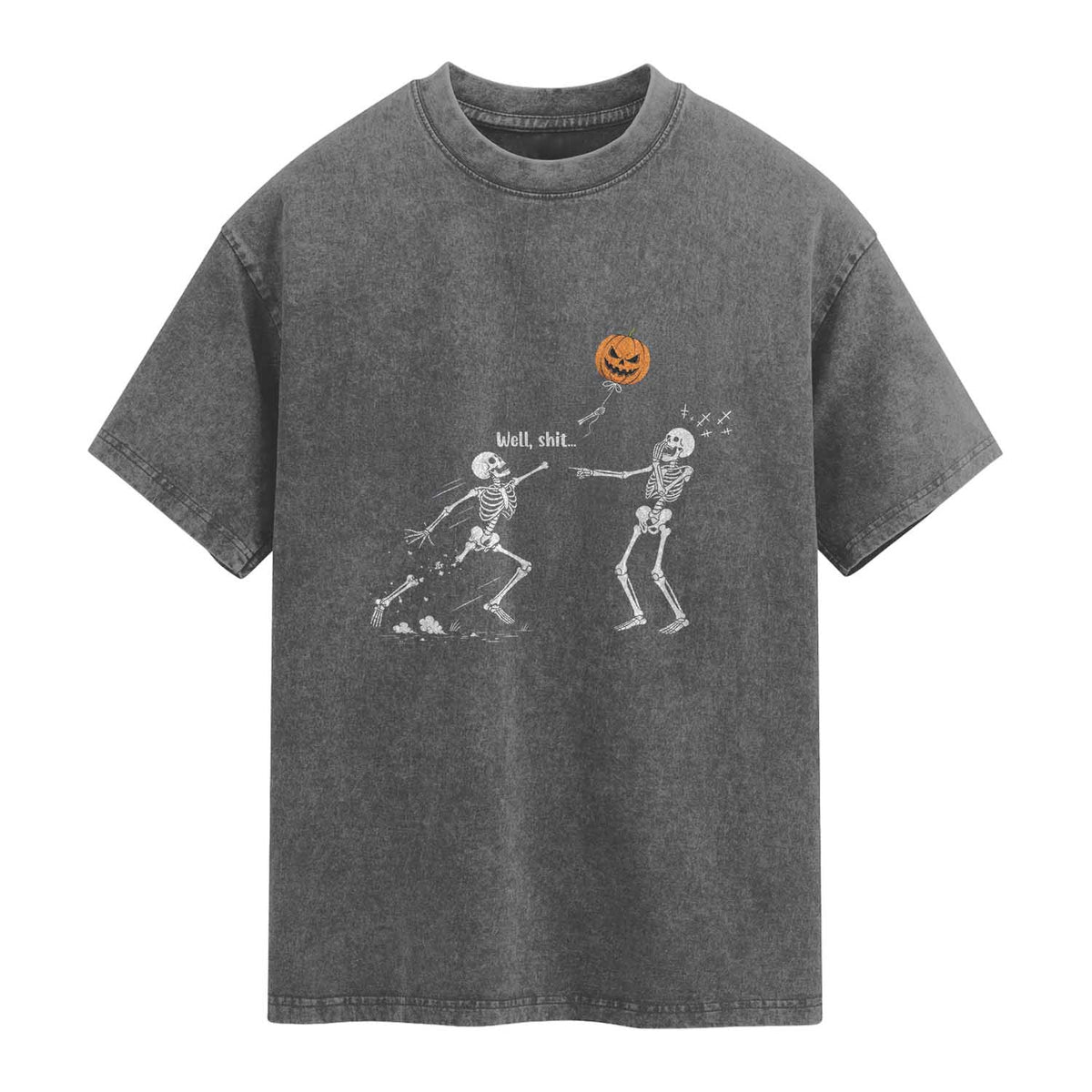 Funny Halloween Skeleton Lost Pumpkin Balloon Meme Washed Cotton T-Shirt