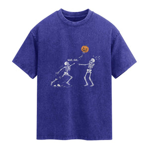 Funny Halloween Skeleton Lost Pumpkin Balloon Meme Washed Cotton T-Shirt