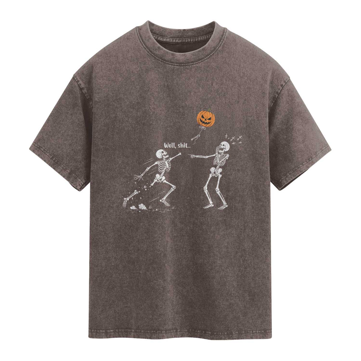Funny Halloween Skeleton Lost Pumpkin Balloon Meme Washed Cotton T-Shirt