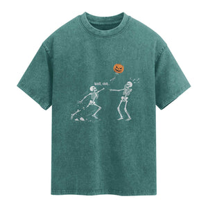 Funny Halloween Skeleton Lost Pumpkin Balloon Meme Washed Cotton T-Shirt
