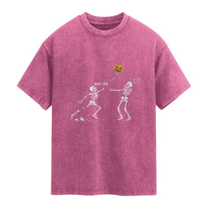 Funny Halloween Skeleton Lost Pumpkin Balloon Meme Washed Cotton T-Shirt