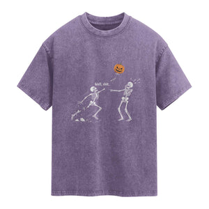 Funny Halloween Skeleton Lost Pumpkin Balloon Meme Washed Cotton T-Shirt