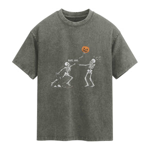Funny Halloween Skeleton Lost Pumpkin Balloon Meme Washed Cotton T-Shirt