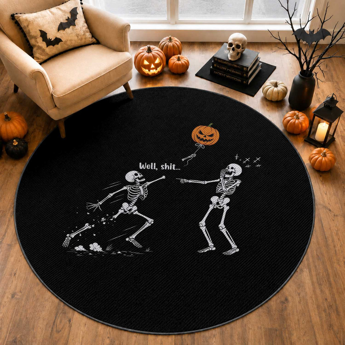 Funny Halloween Skeleton Lost Pumpkin Balloon Meme Round Rug