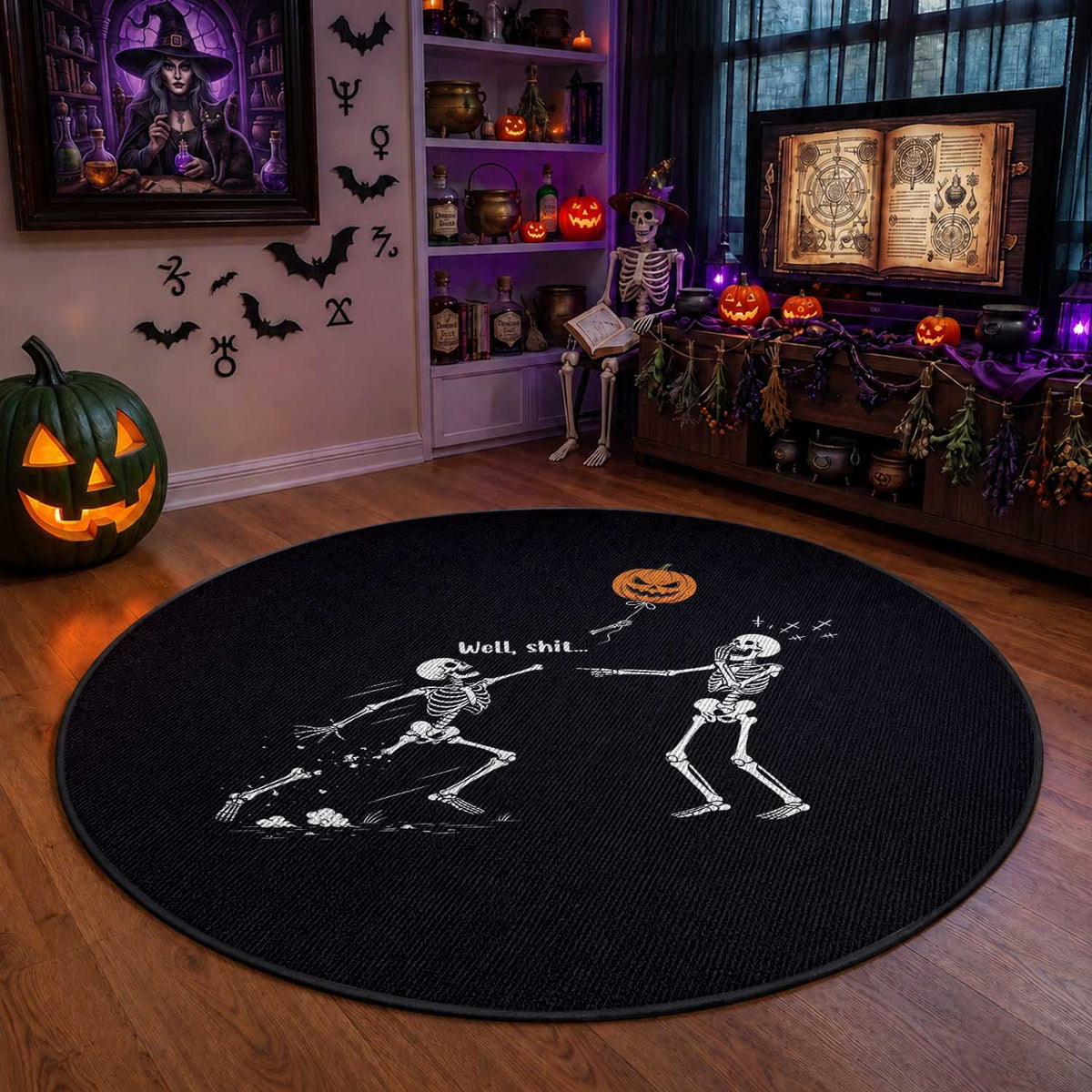 Funny Halloween Skeleton Lost Pumpkin Balloon Meme Round Rug
