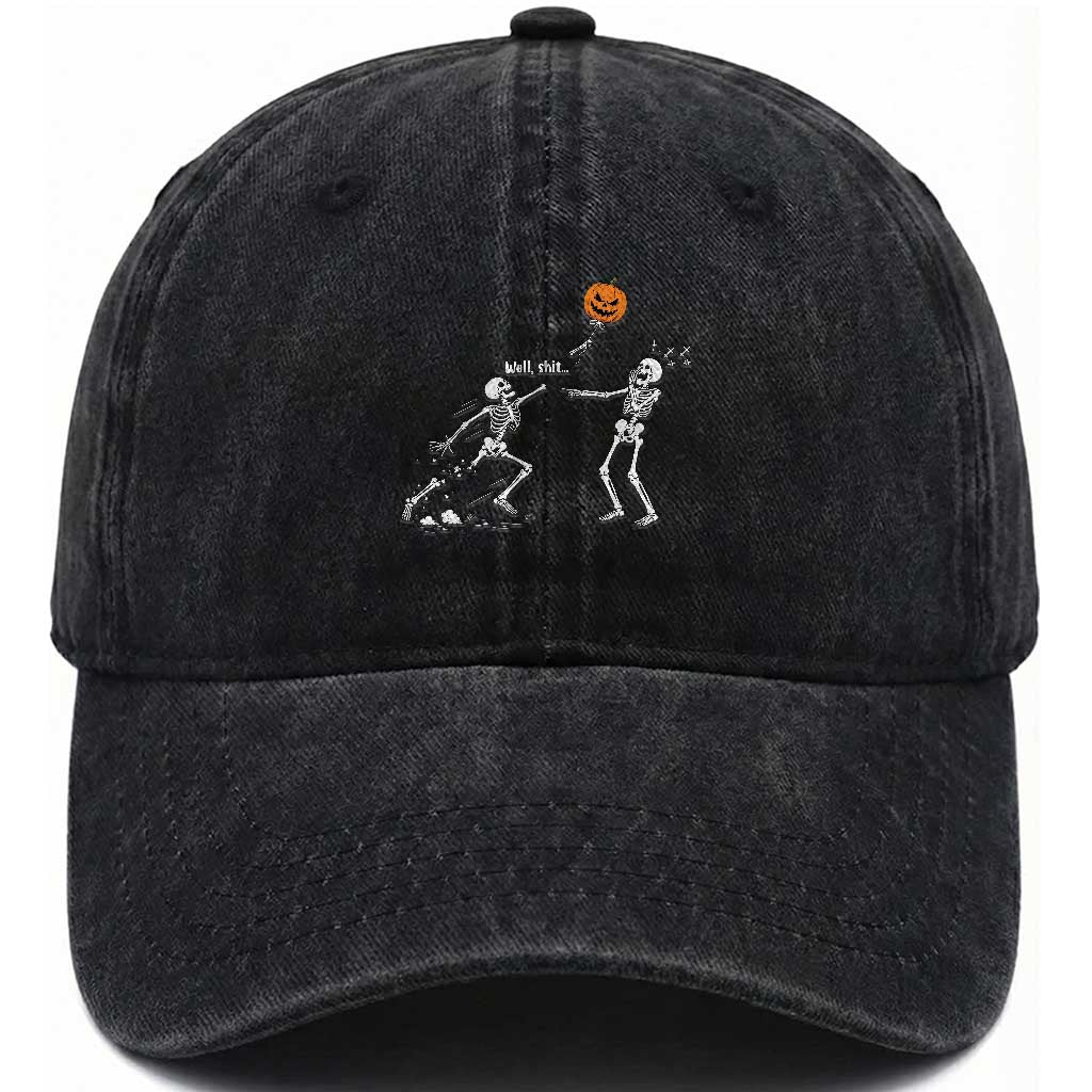 Funny Halloween Skeleton Lost Pumpkin Balloon Meme Washed Cotton Baseball Cap