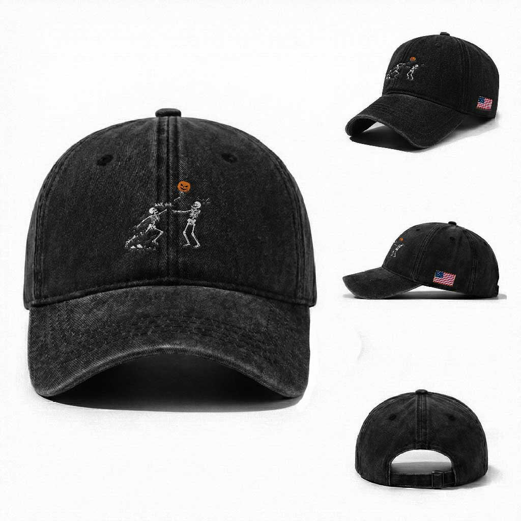 Funny Halloween Skeleton Lost Pumpkin Balloon Meme Washed Cotton Baseball Cap