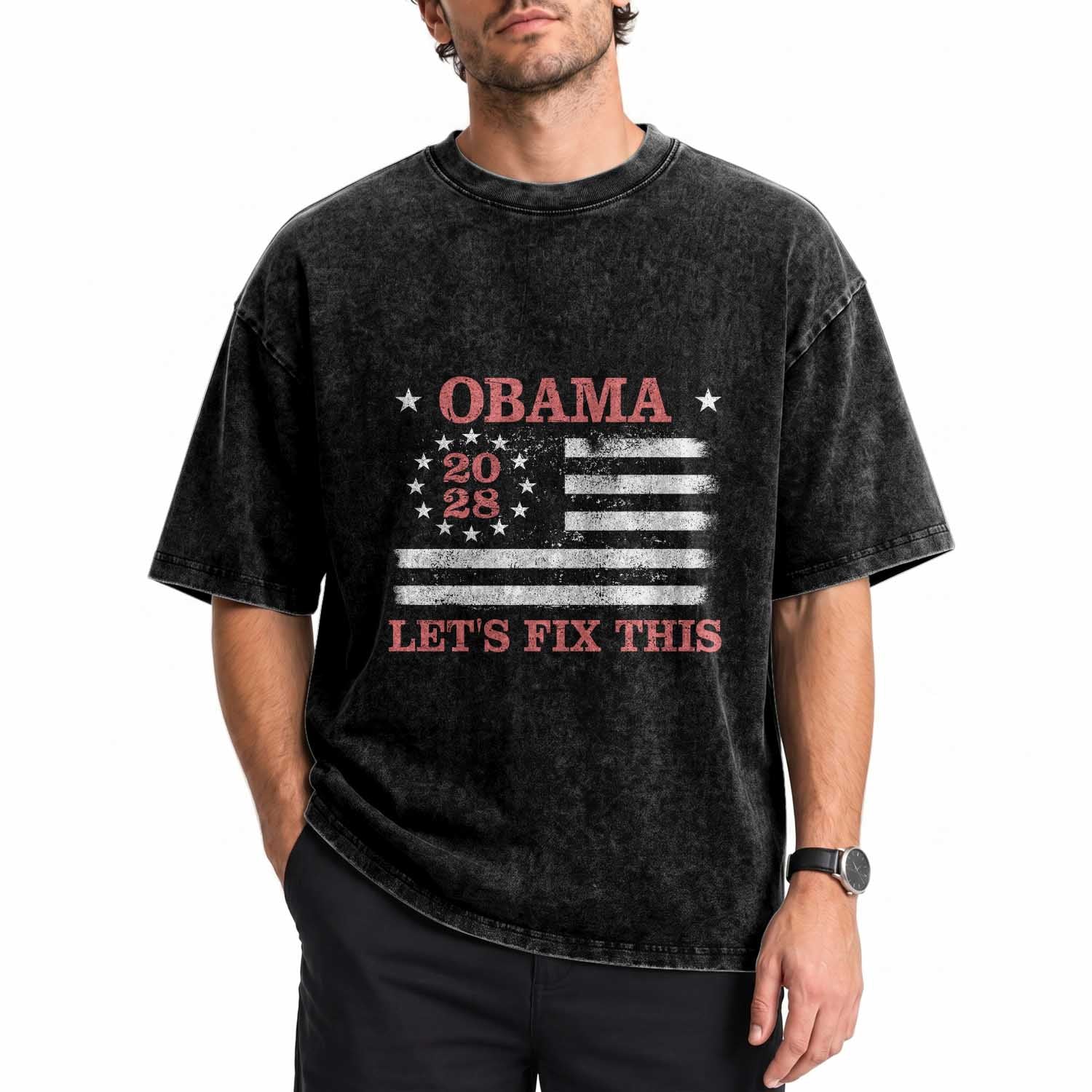 Obama 2028 Lets Fix This Washed Cotton T-Shirt Patriotic Vintage Flag Satire Gift