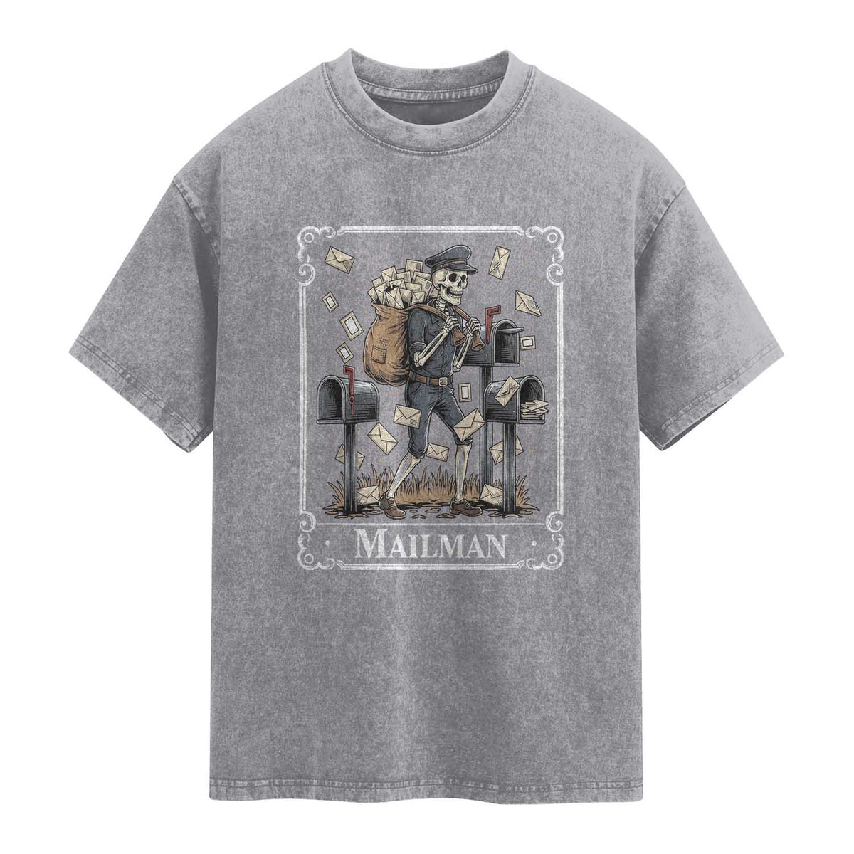 Skeleton Mailman Tarot Card Washed Cotton T-Shirt Funny Postal Worker Post Office Staff