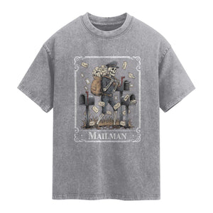 Skeleton Mailman Tarot Card Washed Cotton T-Shirt Funny Postal Worker Post Office Staff