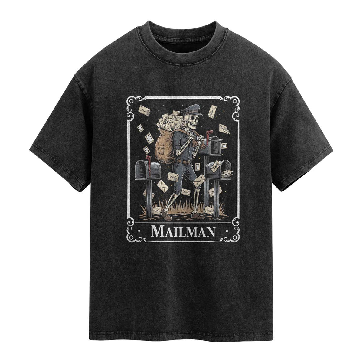 Skeleton Mailman Tarot Card Washed Cotton T-Shirt Funny Postal Worker Post Office Staff