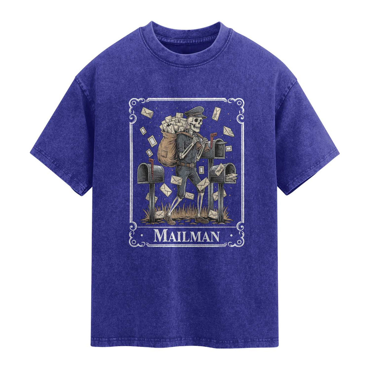 Skeleton Mailman Tarot Card Washed Cotton T-Shirt Funny Postal Worker Post Office Staff