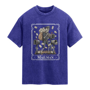 Skeleton Mailman Tarot Card Washed Cotton T-Shirt Funny Postal Worker Post Office Staff