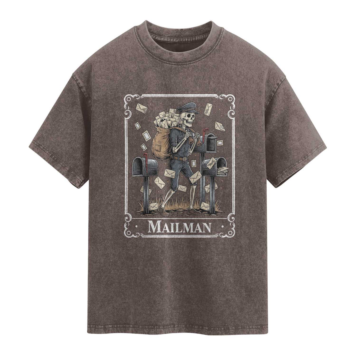 Skeleton Mailman Tarot Card Washed Cotton T-Shirt Funny Postal Worker Post Office Staff