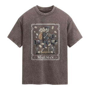 Skeleton Mailman Tarot Card Washed Cotton T-Shirt Funny Postal Worker Post Office Staff