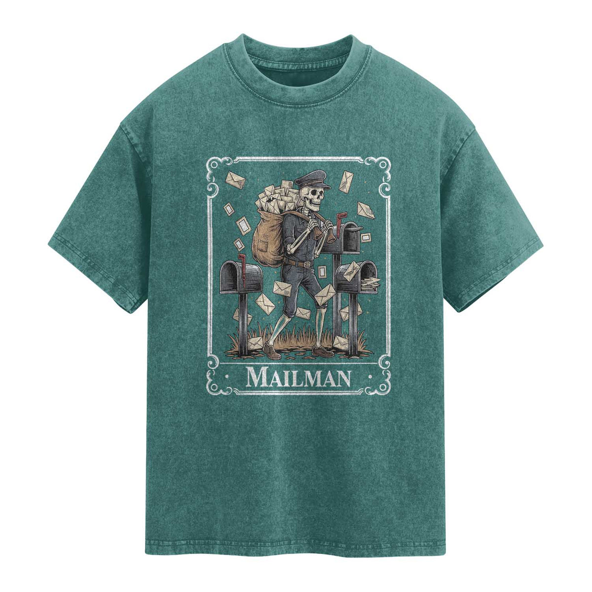 Skeleton Mailman Tarot Card Washed Cotton T-Shirt Funny Postal Worker Post Office Staff