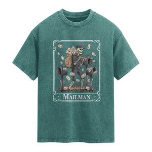 Skeleton Mailman Tarot Card Washed Cotton T-Shirt Funny Postal Worker Post Office Staff