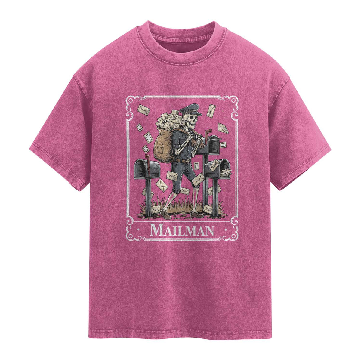 Skeleton Mailman Tarot Card Washed Cotton T-Shirt Funny Postal Worker Post Office Staff