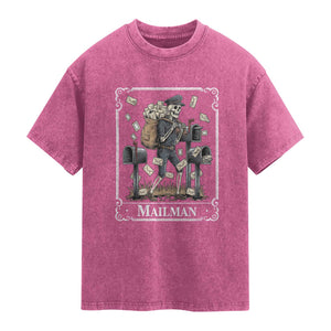 Skeleton Mailman Tarot Card Washed Cotton T-Shirt Funny Postal Worker Post Office Staff