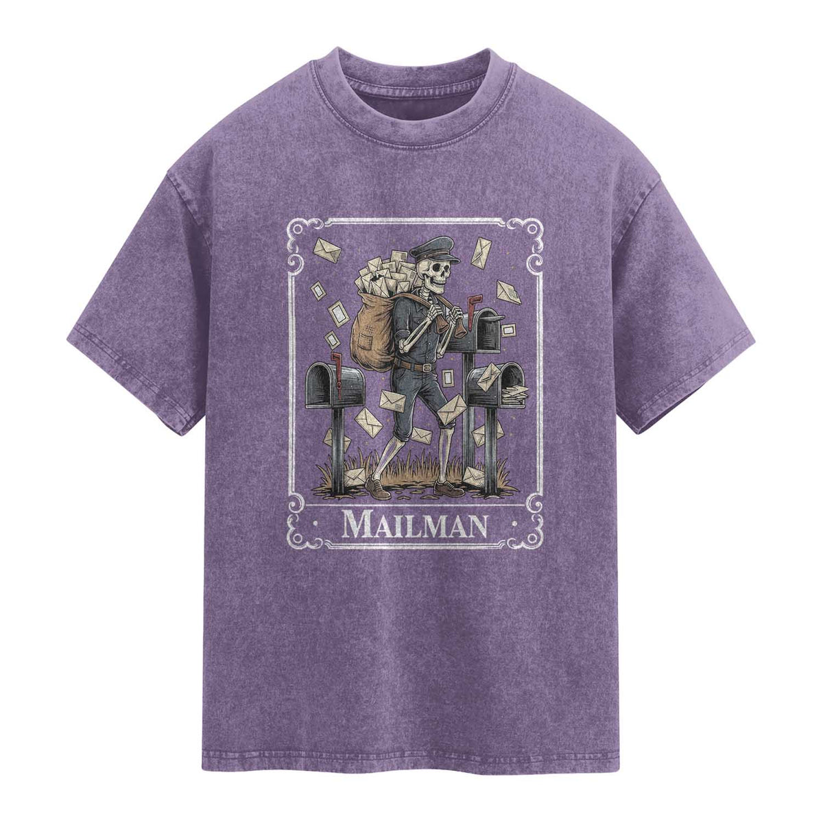Skeleton Mailman Tarot Card Washed Cotton T-Shirt Funny Postal Worker Post Office Staff